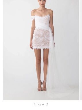 Sau Lee Strapless White Lace Mini Dress with Tulle Sash - Bridal